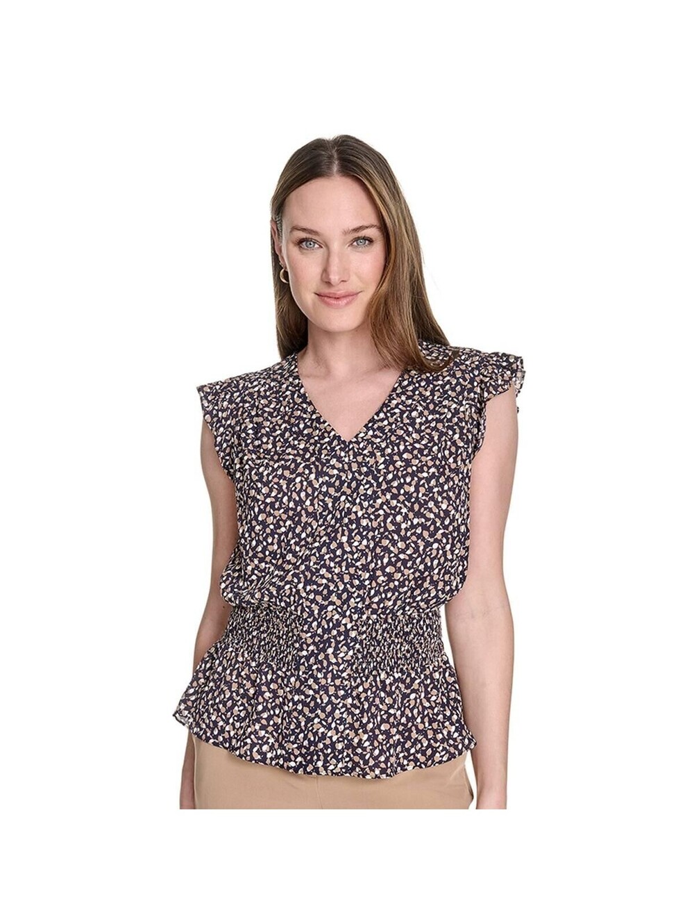 Tommy Hilfiger Womens Printed Smocked-Waist Midnight Tigers Eye L